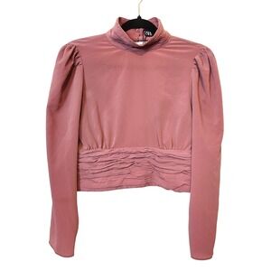 Zara Ruched Crop Top Pink Balloon Sleeve Mock Neck Blouse Size S side‎ zip